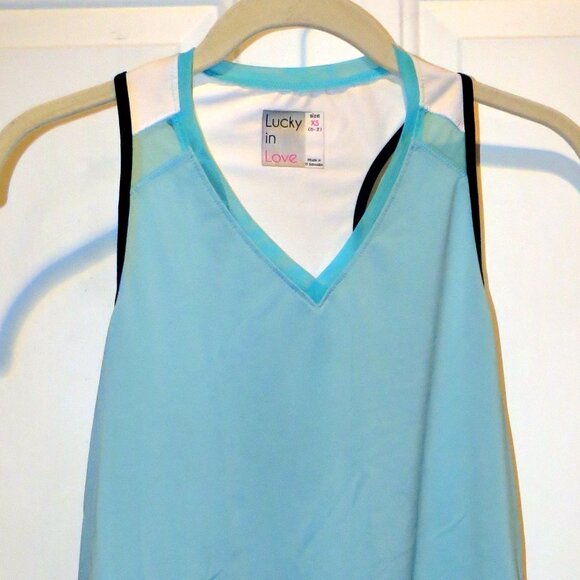 Lucky in Love Blue Racerback Tennis Golf Activewear Top w/Mesh Back Slit XS 0-2 - Picture 3 of 16